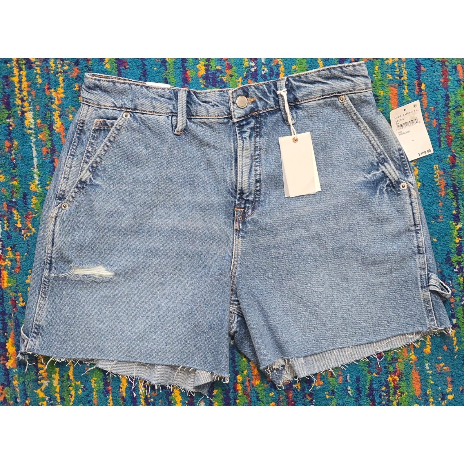 Nwt Good American Carpenter High Rise Shorts Blue Distressed Denim Womens 6/28